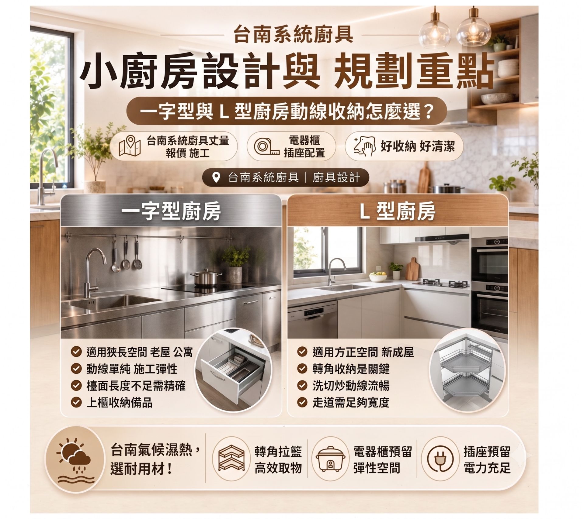 台南系統廚具規劃:一字型與L型廚房設計動線與收納攻略