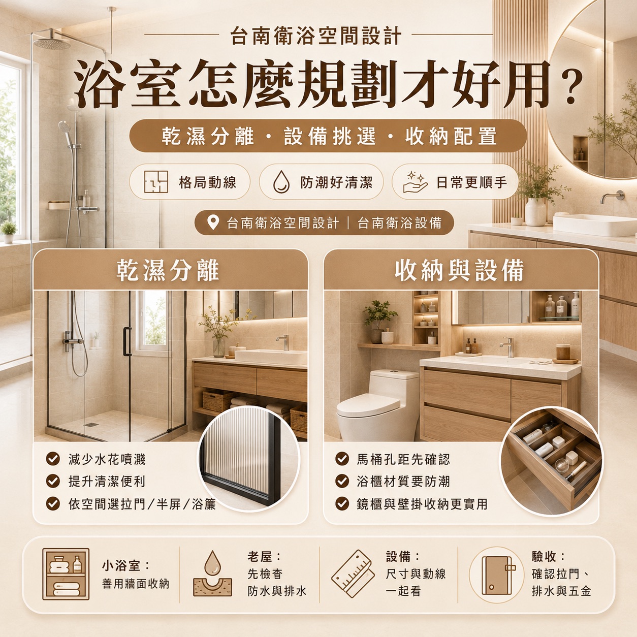 台南衛浴空間設計:老屋、公寓與新成屋浴室格局規劃、乾濕分離與設備挑選指南
